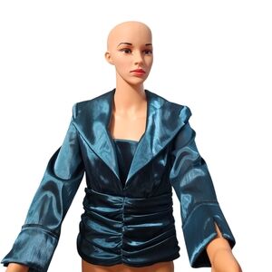 J.R. Nites By Caliendo Women's Shimmering Teal Ruched Formal Blouse Sz M